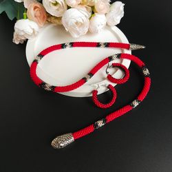 Jewellery set red Ouroboros necklace beaded and red hoop earrings, birthday gift  for coming of age red beads choker