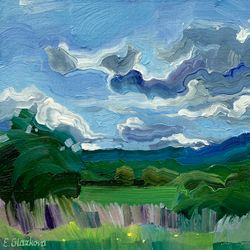 Cloudy sky over the fields.  Original oil painting,