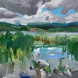 Grassy shore of a lake.  Original oil painting,