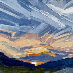 Sunset over the hills.  Original oil painting,