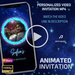 Custom Neon animated invitation, Glitter Birthday Video invitation, Personalized Blue neon Party Invitation with photo