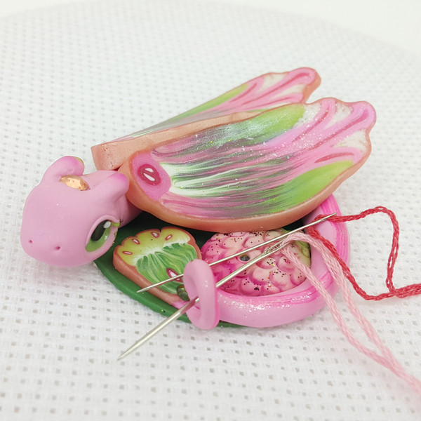 Magnetic Needle Minder Dragon Strawberry for Magic Cross Stitch, Pink Green Sculpture (2).jpeg
