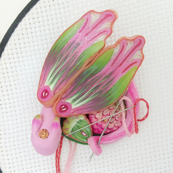 Magnetic Needle Minder Dragon Strawberry for Magic Cross Stitch, Pink Green Sculpture (5).jpeg