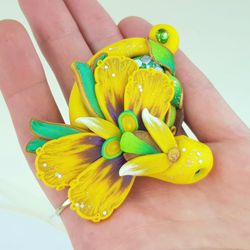 NEEDLE MINDER Dragon for Floral Cross Stitch, Needle Holder Yellow Dragon Pansies for Embroidery Polymer Clay AnneAlArt