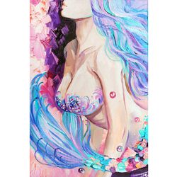 Sexy Mermaid Painting Texture Oil on Canvas Hot Mermaid Original Art Mermaid Artwork