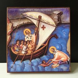 St. Nicholas the Wonderworker - Salvation of those in distress at sea | Hand made Icon on a wood | Size: 15x15 cm