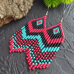 Turquoise red beaded fringe earrings, Seed Bead Earrings, Small Dangling Earrings, Native style inspired earrings