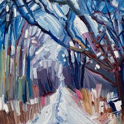 The main road.  Winter series. Original oil painting,