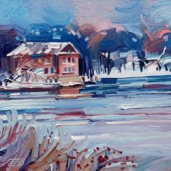 Winter coast of the Gulf of Finland. Original oil painting,