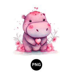 Valentine watercolor hippo PNG digital download available instant download high quality 300 dpi
