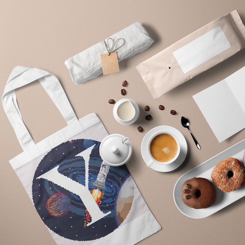 5 Letter Y Space galaxy Monogram bright color modern style cross stitch digital pattern for home decor and gift.jpg