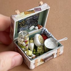 Miniature doll case with cheese and olives for playing in a dollhouse, scale 1:12