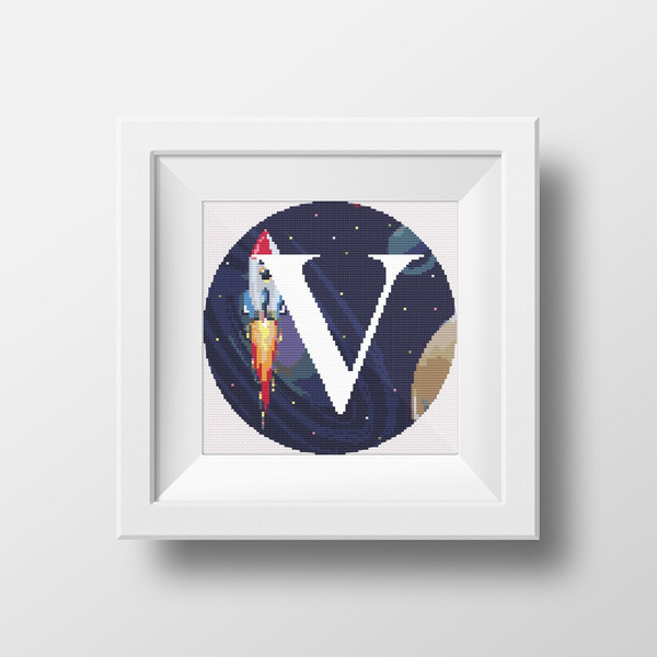 1 Letter V Space galaxy Monogram bright color modern style cross stitch digital pattern for home decor and gift.jpg