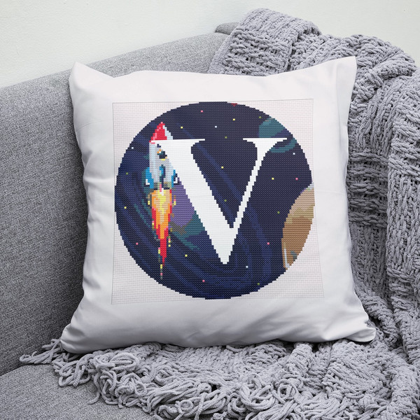 4 Letter V Space galaxy Monogram bright color modern style cross stitch digital pattern for home decor and gift.jpg