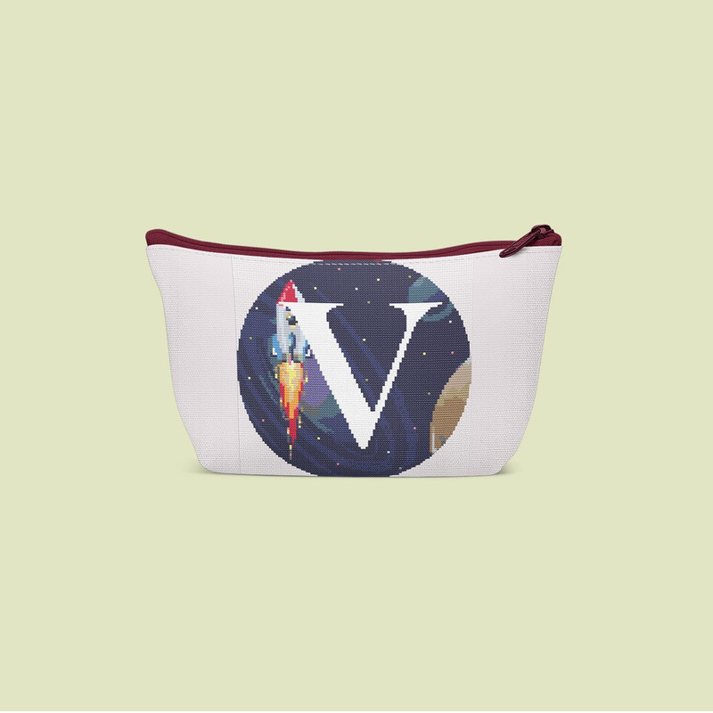 7 Letter V Space galaxy Monogram bright color modern style cross stitch digital pattern for home decor and gift.jpg