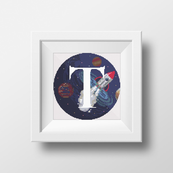 1 Letter T Space galaxy Monogram bright color modern style cross stitch digital pattern for home decor and gift.jpg