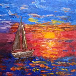 Landscape Sea Sailboat Ocean Sunset Original Oil Painting Impasto Art Small Art Wall Decoration 5.9x5.9 inches