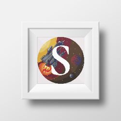 Cross stitch digital pattern space monogram letter S bright color modern style for home decor and gift