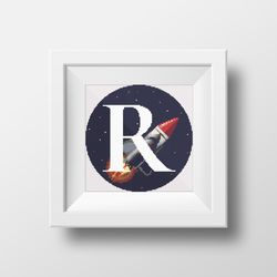 Cross stitch digital pattern space monogram letter R bright color modern style for home decor and gift