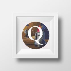 cross stitch digital pattern space monogram letter q bright color modern style for home decor and gift