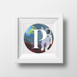 Cross stitch digital pattern space monogram letter P bright color modern style for home decor and gift