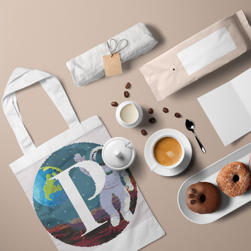 5 Letter P Space galaxy Monogram bright color modern style cross stitch digital pattern for home decor and gift.jpg