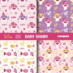 Baby Shark Digital Paper, Baby Shark Seamless Patterns, Baby Shark Girl
