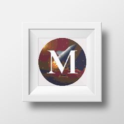 Cross stitch digital pattern space monogram letter M bright color modern style for home decor and gift
