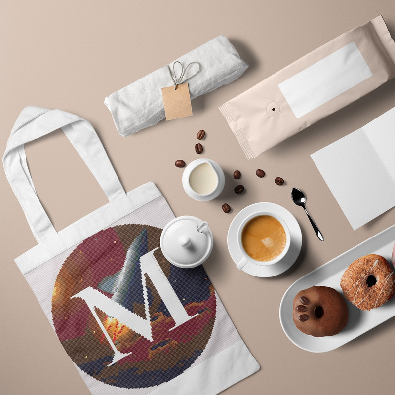 5 Letter M Space galaxy Monogram bright color modern style cross stitch digital pattern for home decor and gift.jpg