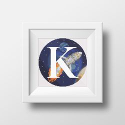 Cross stitch digital pattern space monogram letter K bright color modern style for home decor and gift