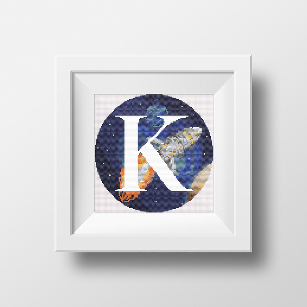 1 Letter K Space galaxy Monogram bright color modern style cross stitch digital pattern for home decor and gift.jpg