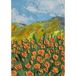 california poppy original oil painting poppy field impasto small painting floral landscape artwork poppy wall art