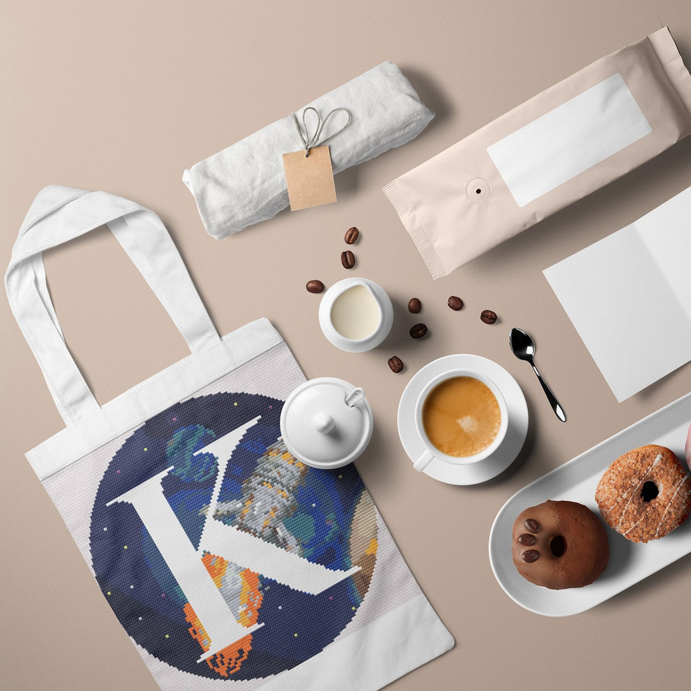 5 Letter K Space galaxy Monogram bright color modern style cross stitch digital pattern for home decor and gift.jpg