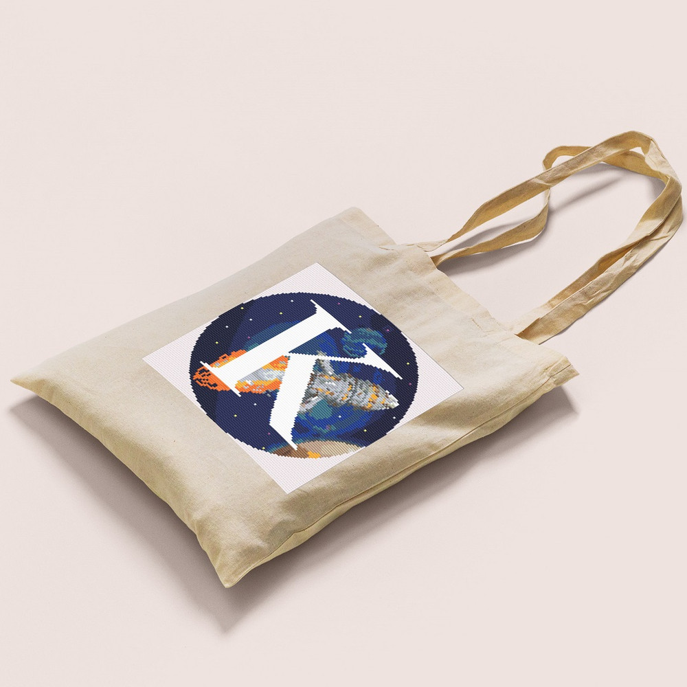 10 Letter K Space galaxy Monogram bright color modern style cross stitch digital pattern for home decor and gift.jpg