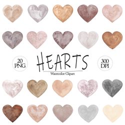Watercolor hearts clipart, Brown, Earth tones, Neutral heart clip art, Love card making, 20 hearts PNG for Valentine's