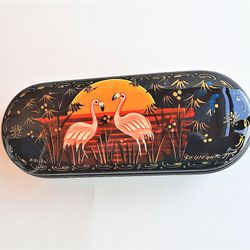 Pink flamingos glasses case hand painted - Russian eyeglass case hard