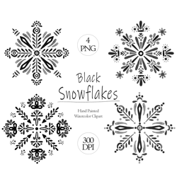 Snowflake clipart, 4 hand painted black snowflakes png, Christmas clip art, Snow images, Winter graphics, Scandinavian