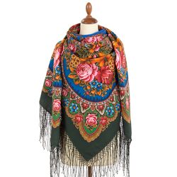 371-9 Authentic Pavlovo Posad Russian Shawl, beautiful floral soft wool warm multicolor scarf 148x148 cm, 58x58 inches