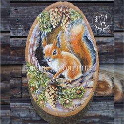 squirrel in a tree, wood slice painting