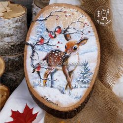 fawn and bullfinches, cute painting on wood