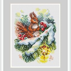 Squirrel Cross Stitch Pattern Christmas Cross Stitch Pattern Lantern Cross Stitch Pattern Winter Cross Stitch Pattern