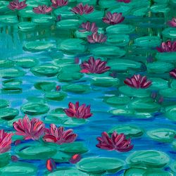 Water Lilies original oil painting impressionism flowers artwork impasto floral landscape water lily wall art