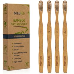 BlauKe Bamboo Toothbrush Set 4-Pack - Eco-Friendly Bamboo Toothbrushes with Medium Bristles for Adults