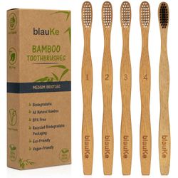 BlauKe Bamboo Toothbrush Set 5-Pack - Eco-Friendly Bamboo Toothbrushes with Medium Bristles for Adults