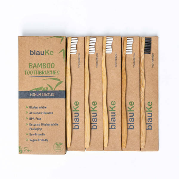 Bamboo Toothbrush Medium Bristle 5 Pack – 4 Bamboo Toothbrushes with White Bristles & 1 Black Charcoal Toothbrush – Natural Biodegradable Wood Toothbrush Set –