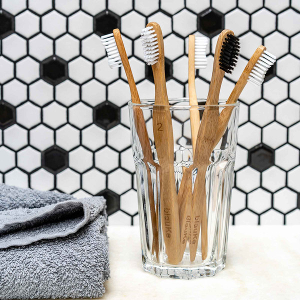 Bamboo Toothbrush Medium Bristle 5 Pack – 4 Bamboo Toothbrushes with White Bristles & 1 Black Charcoal Toothbrush – Natural Biodegradable Wood Toothbrush Set –