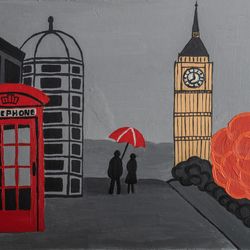 London street original acrylic painting abstract cityscape night city artwork Couple with umbrella wall art