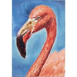 Flamingo Painting Bird Original Wall Art Pink Flamingo Original Oil Painting on Canvas by 14x10 inch by Kiklevich