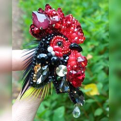 Cockerel brooch, Clothes decoration, Rooster on jacket, Gift for her, Animal craft, Red jewelry,Swarovski crystals,Beads