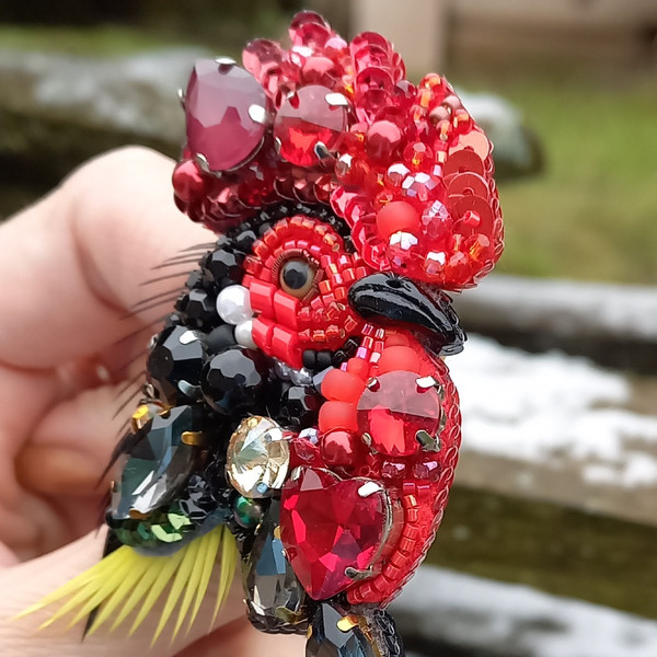 Cockerel brooch, Clothes decoration, Rooster on jacket, Gift for her, Animal craft, Red jewelry,Swarovski crystals,Beads, exhibition sample